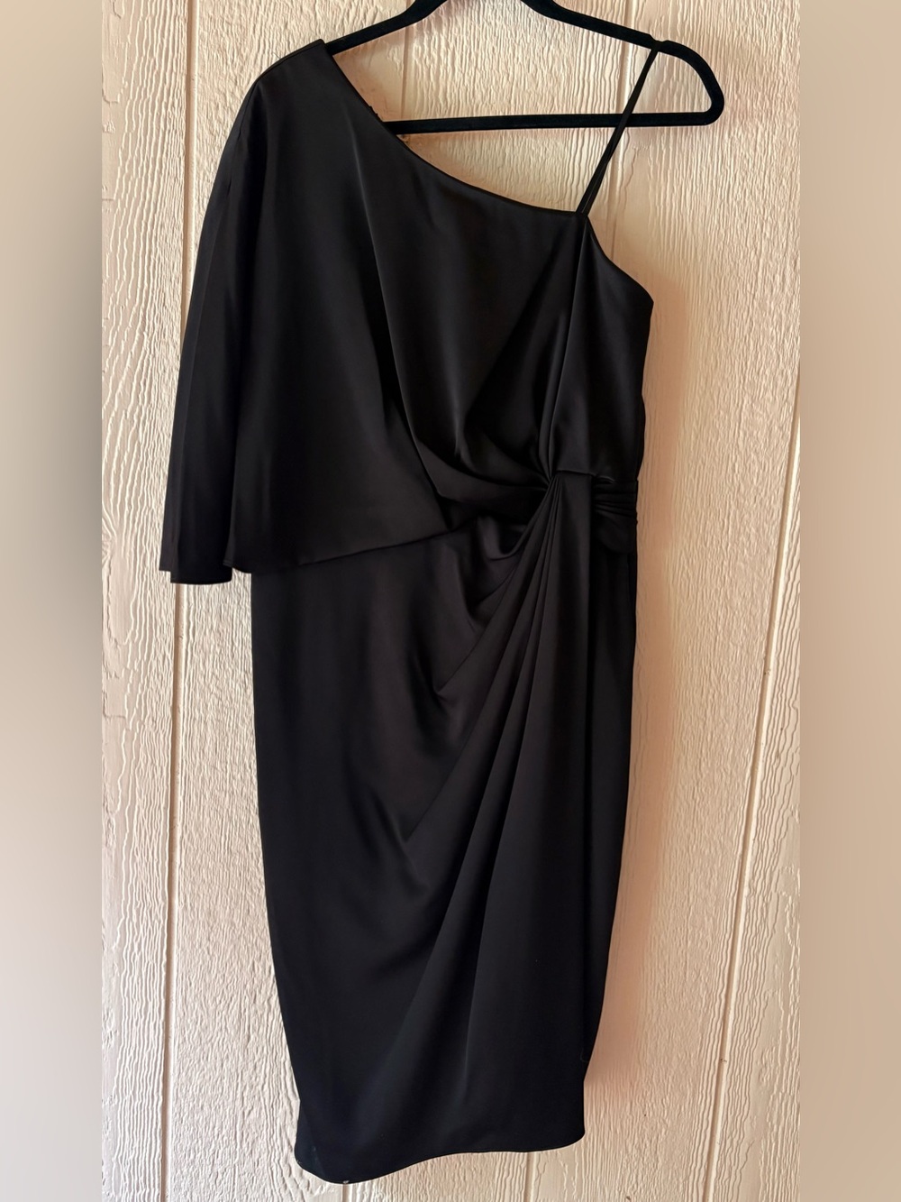Aidan Mattox Black One Shoulder Cape Sleeve Draped Midi Dress 12 NWT